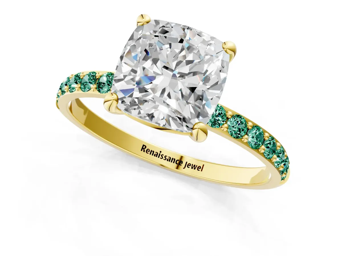 Cushion Cut Diamond Solitaire Ring with Round Green Sapphire Pavé Band and Prong Setting Yellow gold