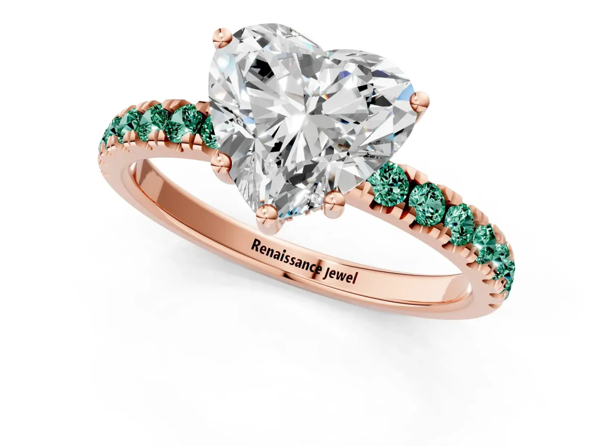 Heart Cut Diamond Pave Band Solitaire Ring with Round Green Sapphire and Prong Setting Rose gold