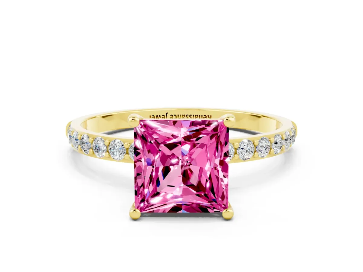 Princess Cut Pink Sapphire Solitaire Ring with Round Pavé Band and Prong Setting Yellow gold