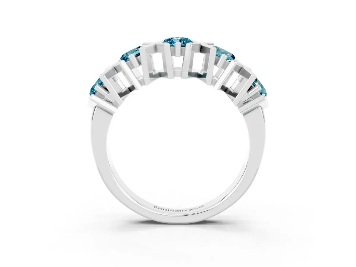 Round Blue Topaz Channel Set Band with X-Prong Detail White gold