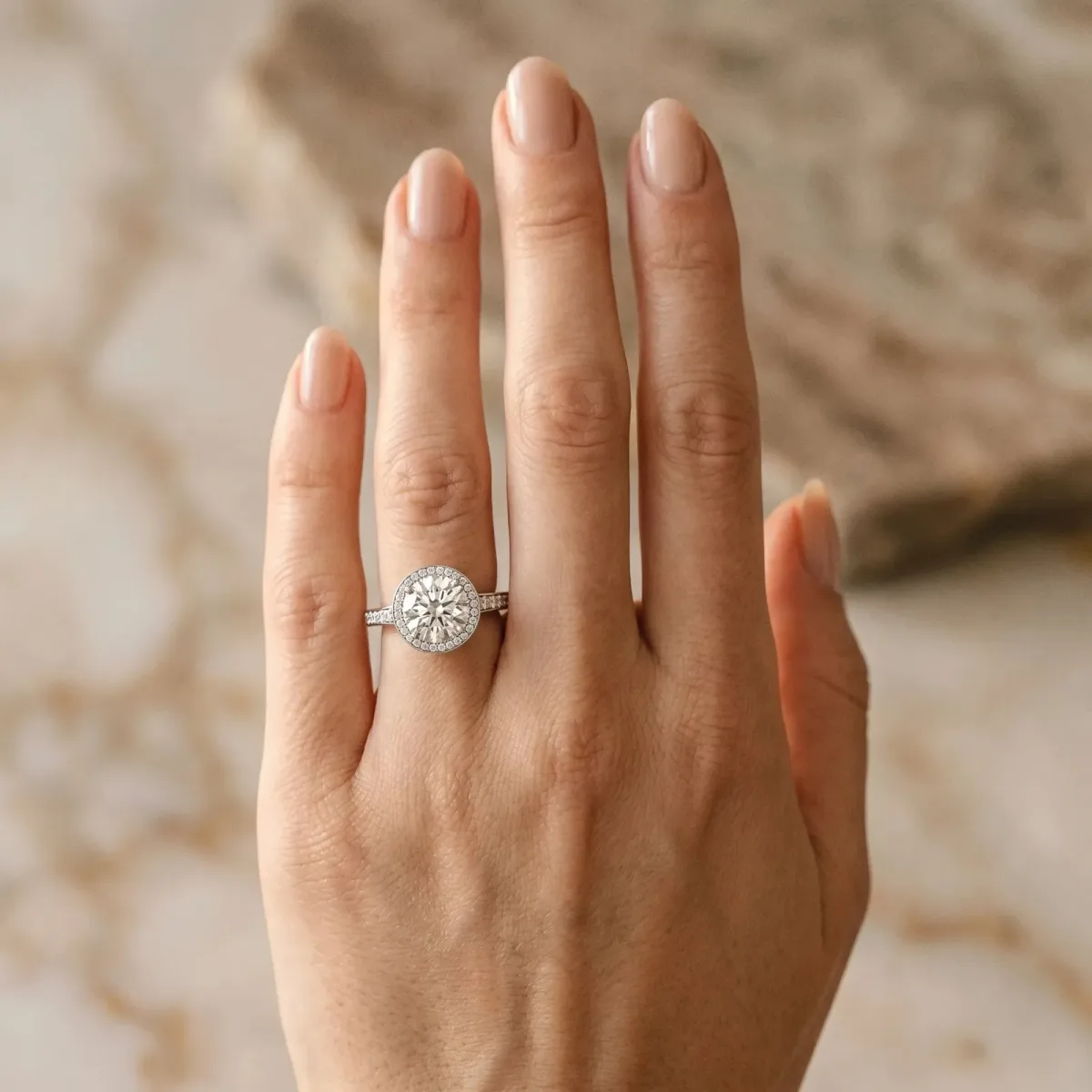 Round Cut Halo Pavé Diamond Engagement Ring with Bezel Setting Platinum
