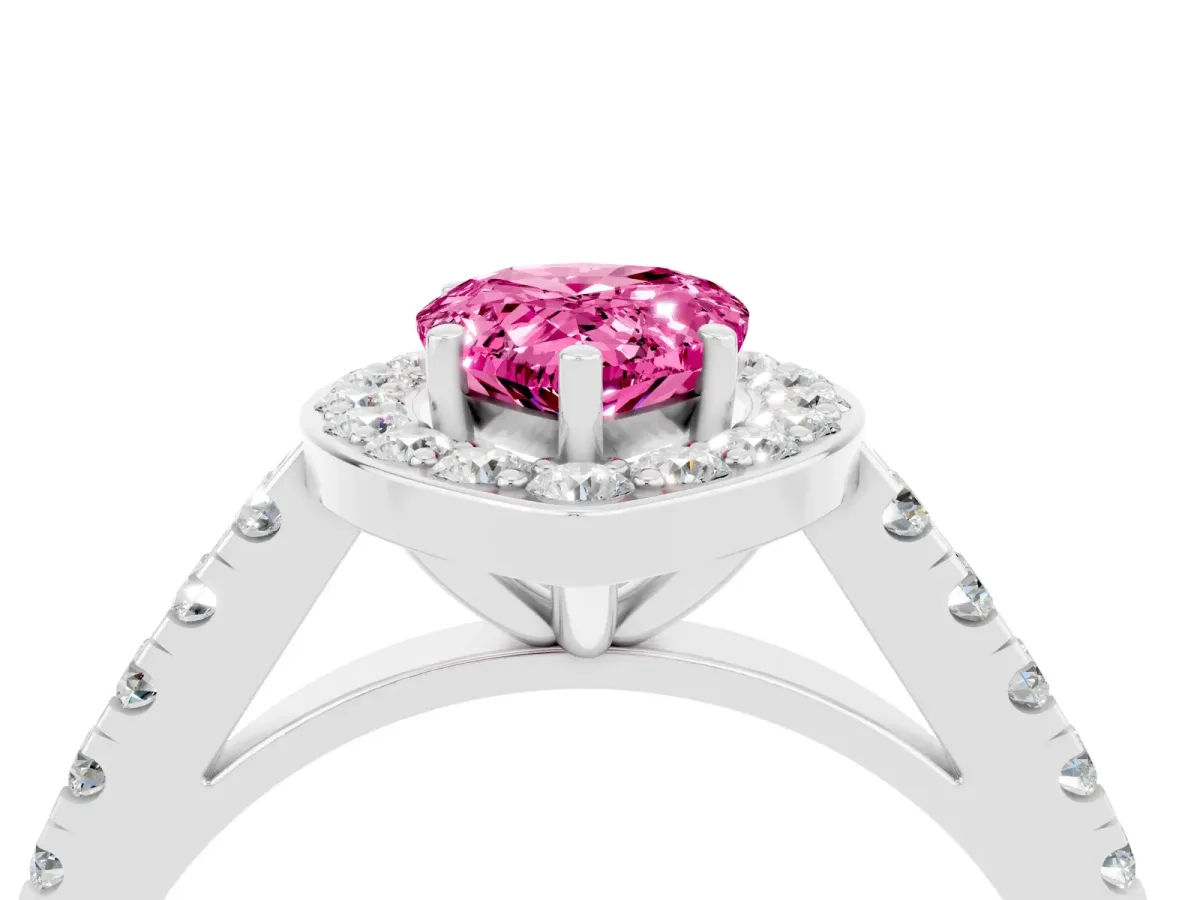Pear Cut Pink Sapphire Halo Ring with Round Pavé Split Shank and Prong Setting Platinum