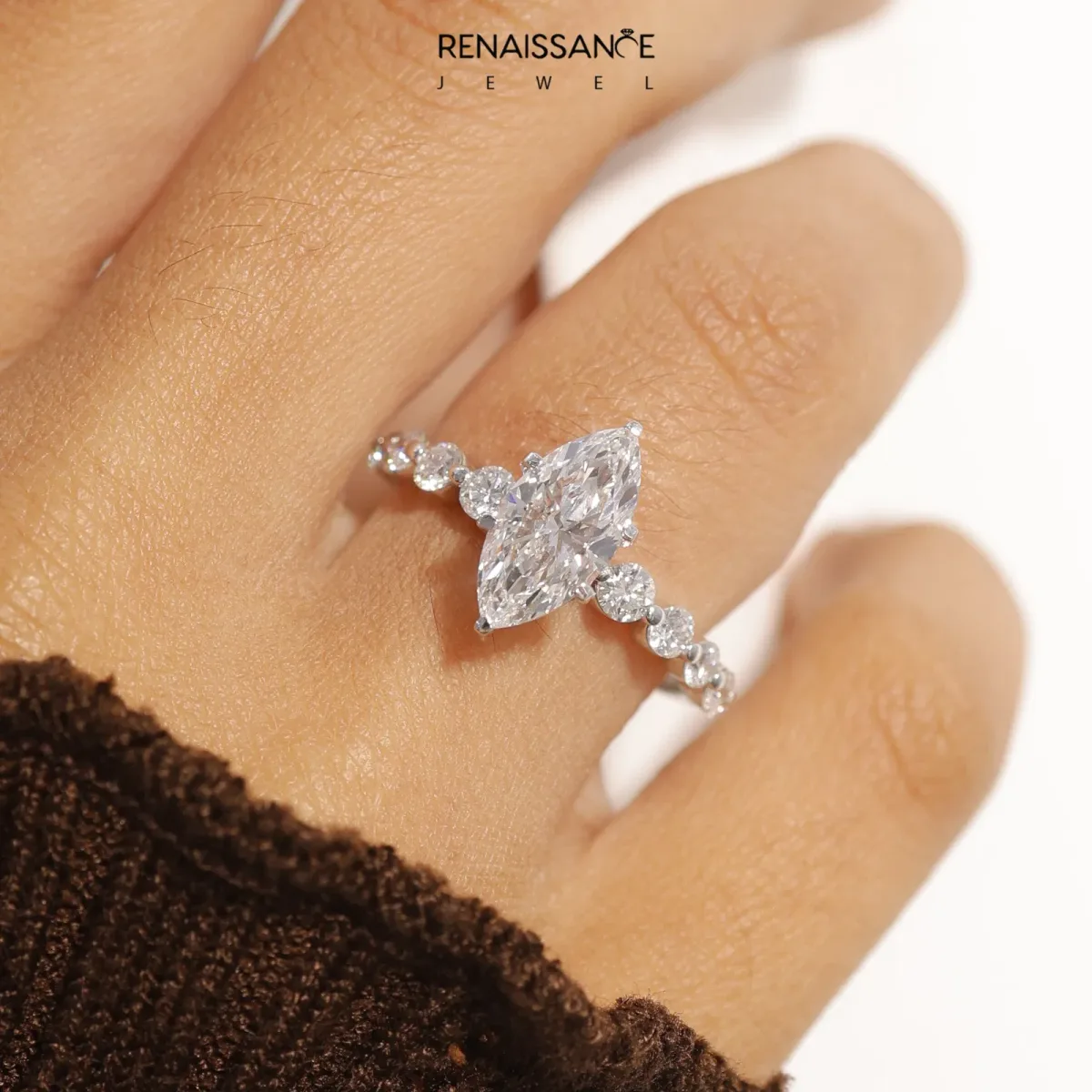 Marquise Cut Solitaire Diamond Ring with Pave Band and Four-Prong Setting Platinum