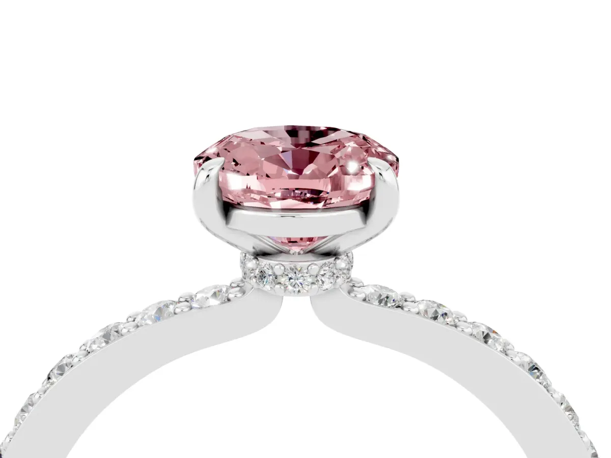 Oval Cut Morganite Solitaire Engagement Ring with Pavé Band and Four-Prong Setting Silver