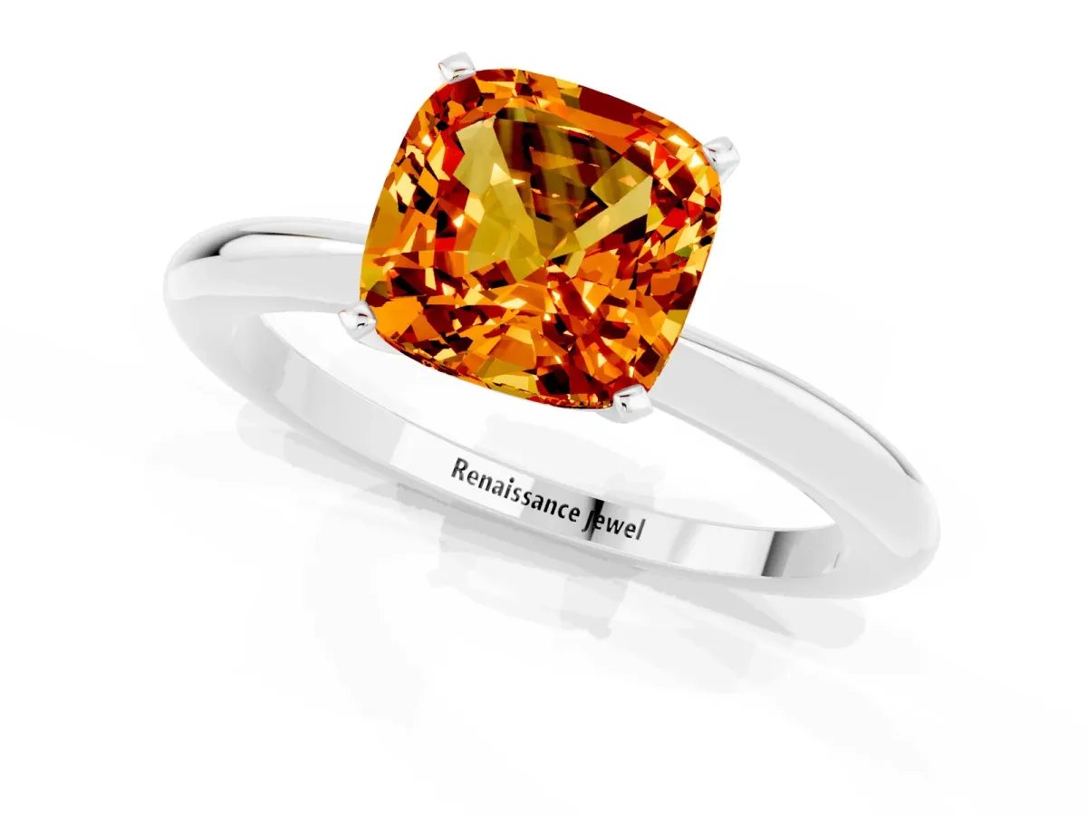 Cushion Cut Citrine Solitaire Ring with Six-Prong Setting and Classic Band Silver