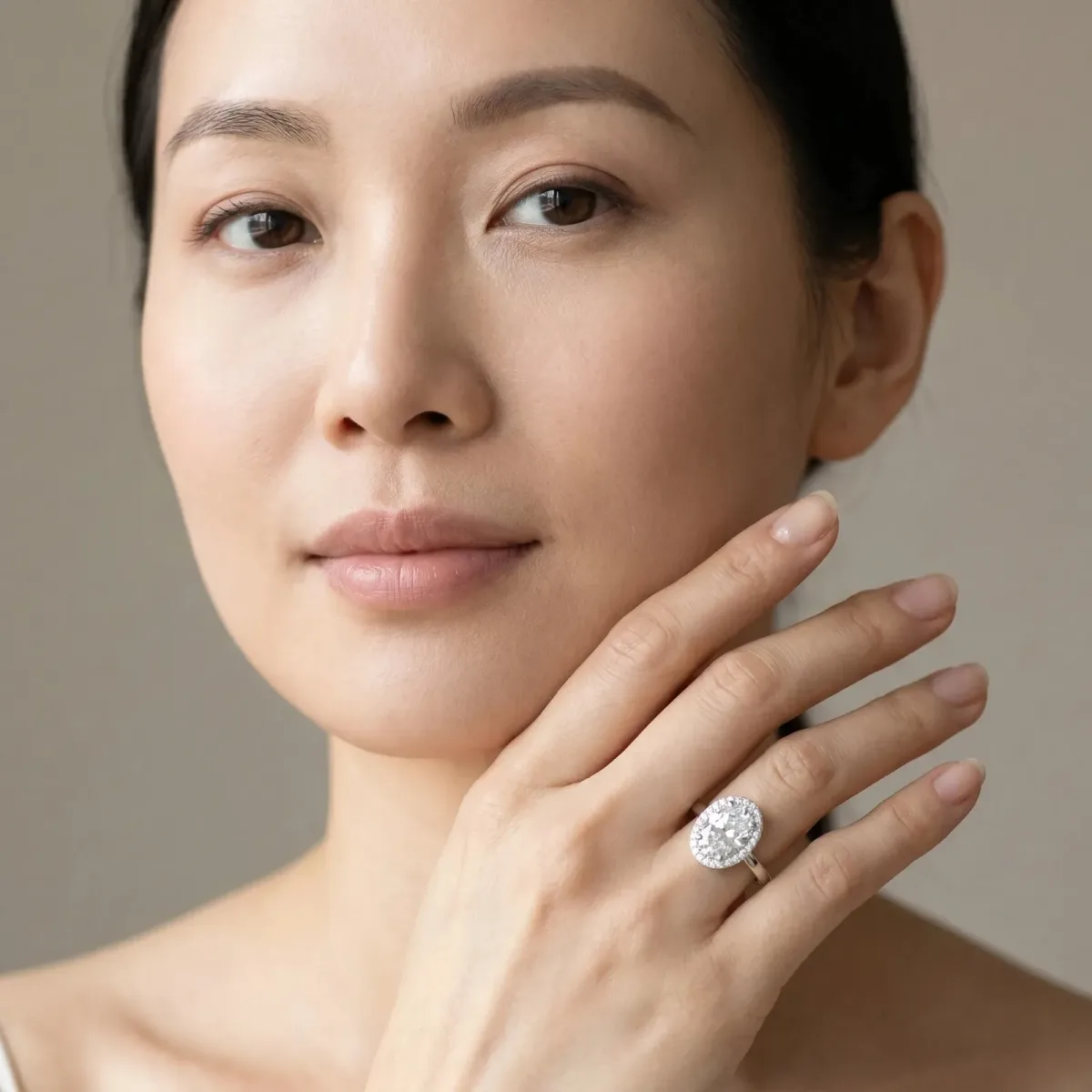 Oval Cut Diamond Bezel Halo Ring with Plain Band Platinum