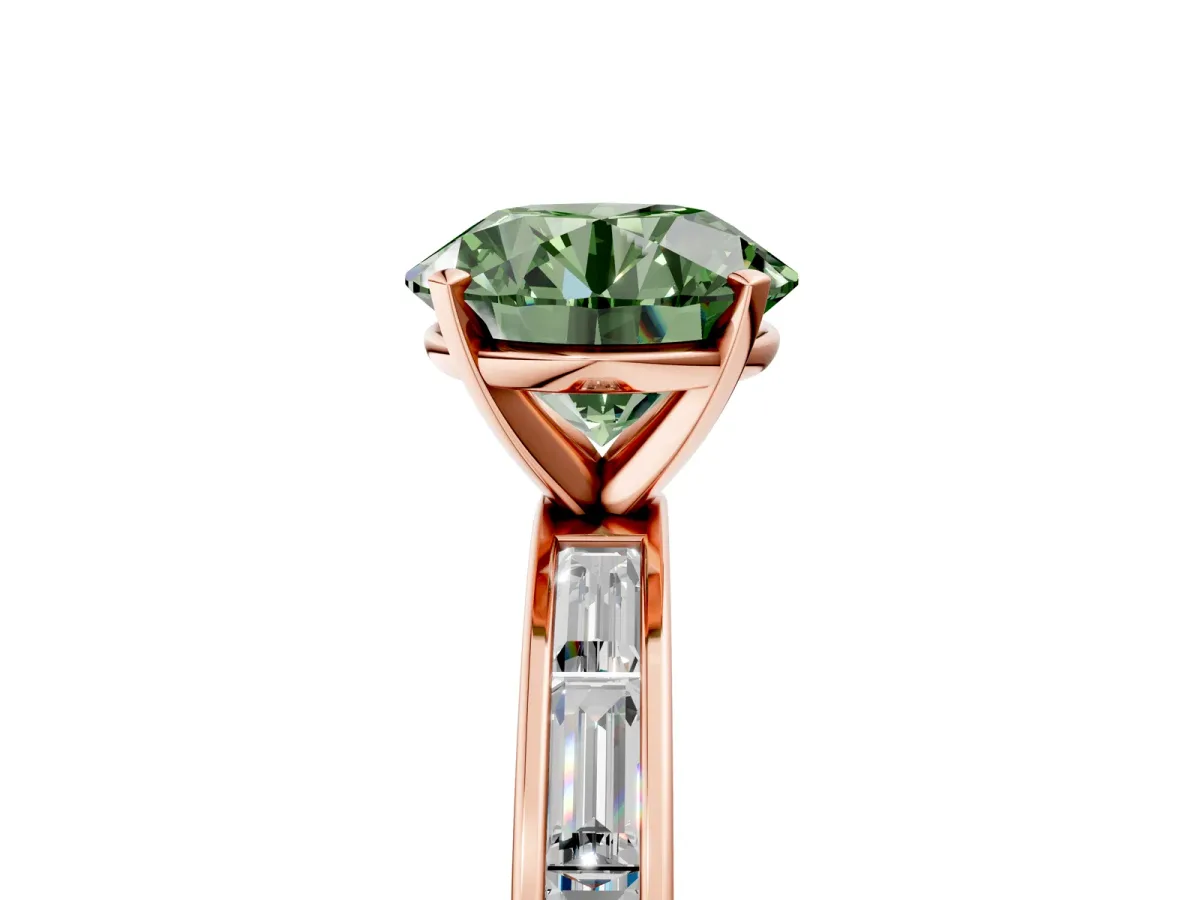 Fancy Green Round Cut Solitaire Diamond Ring with Channel-Set Baguette Band and Four-Prong Setting Rose gold