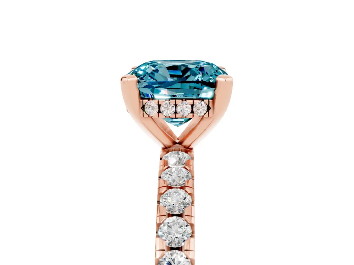 Cushion Cut Blue Topaz Solitaire Ring with Round Pavé Band and Four-Prong Setting Rose gold