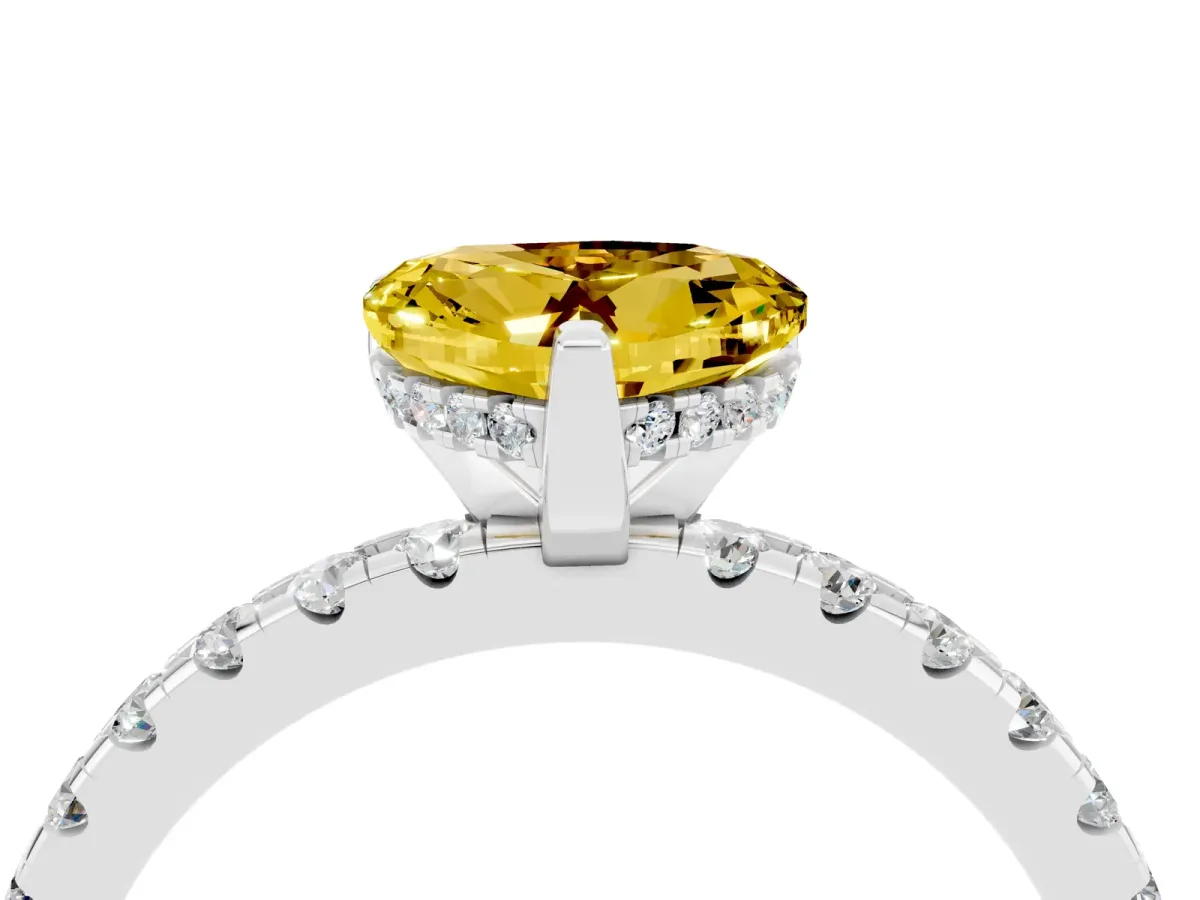 Heart Cut Yellow Sapphire Solitaire Ring with Round Pavé Band and Four-Prong Setting White gold