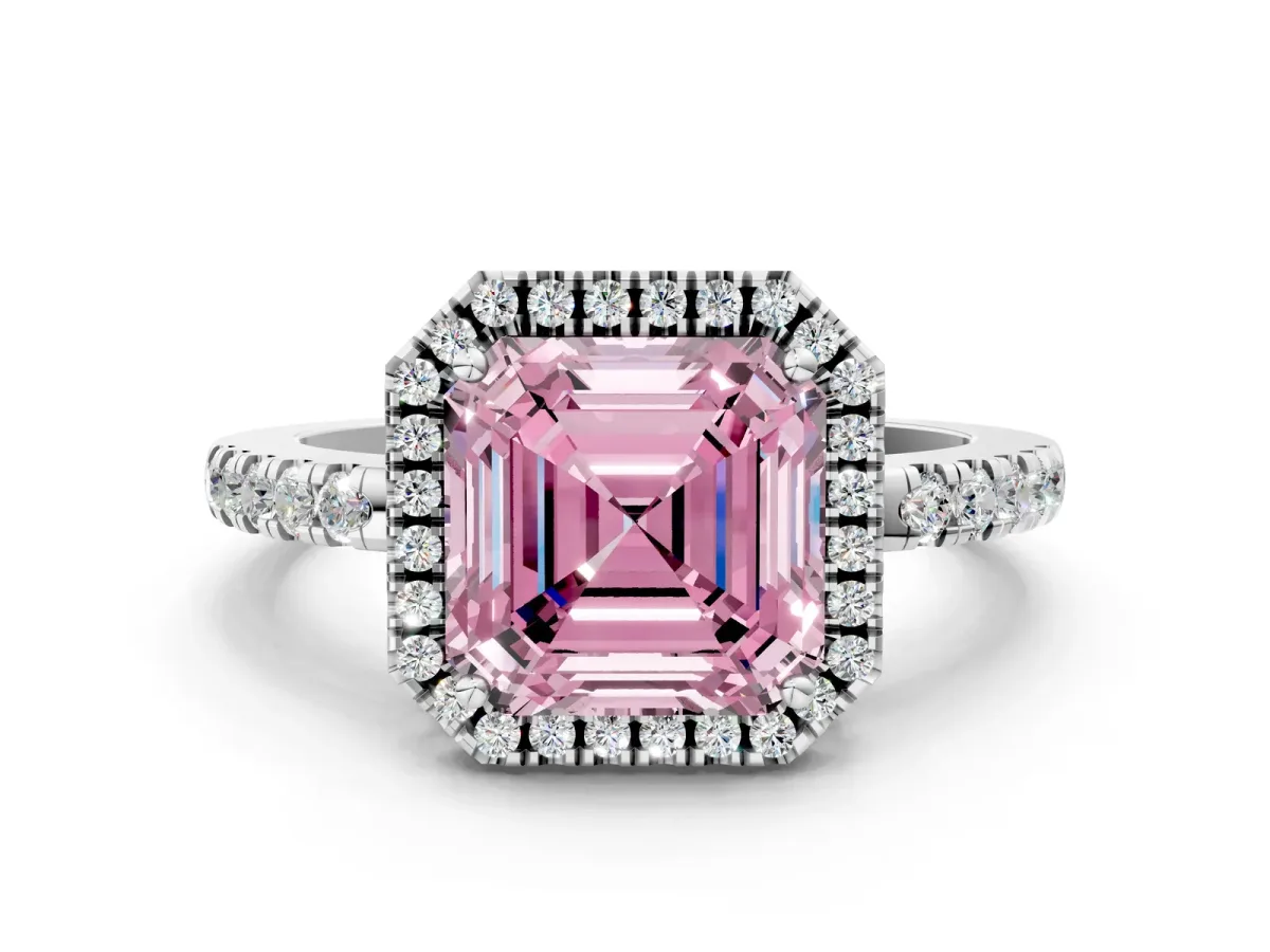 Fancy Pink Asscher Cut Halo Diamond Engagement Ring with Pavé Band and Four-Prong Setting Platinum