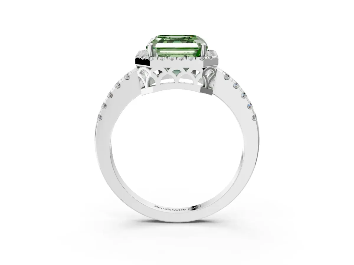 Fancy Green Asscher Cut Halo Diamond Engagement Ring with Pavé Band and Four-Prong Setting Platinum