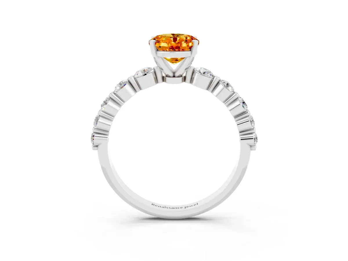 Oval Cut Solitaire Citrine Ring with Pave Band and Four-Prong Setting Silver