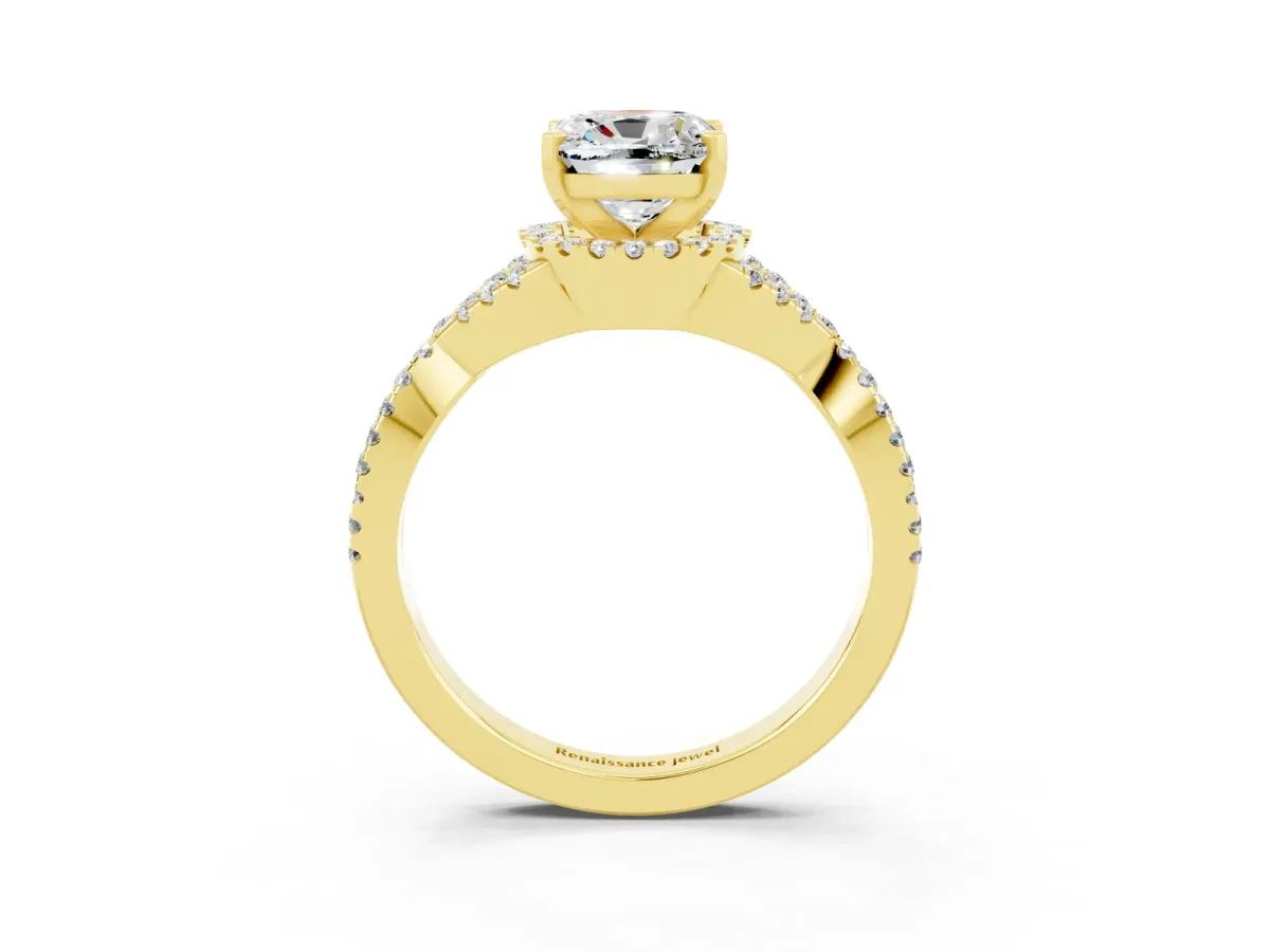 Cushion Cut Moissanite Halo Twist Band Solitaire Prong Setting Ring Yellow gold