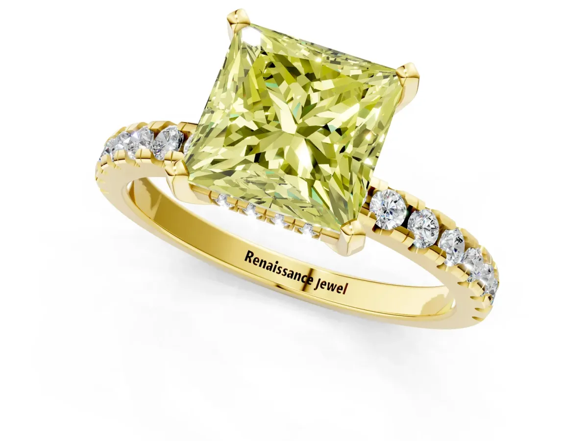 Fancy Yellow Princess Cut Diamond Solitaire Ring with Round Pavé Band and Four-Prong Setting Yellow gold