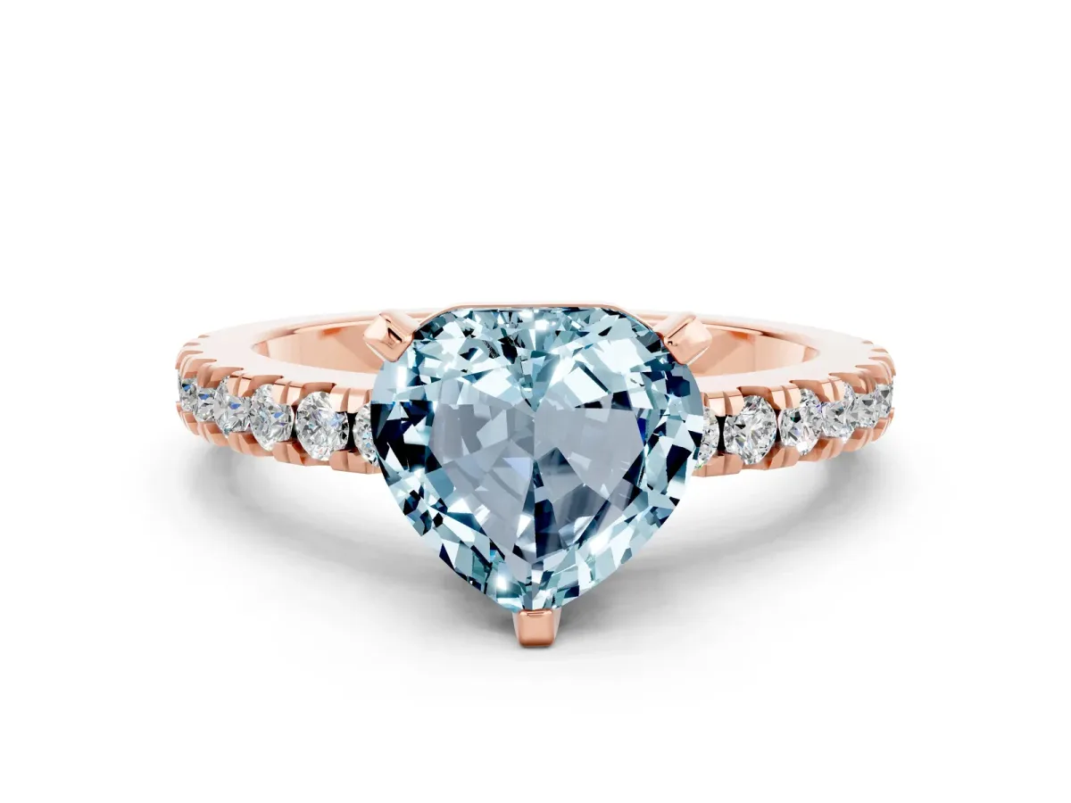 Heart Cut Solitaire Aquamarine with Pavé Band and Four-Prong Setting Rose gold