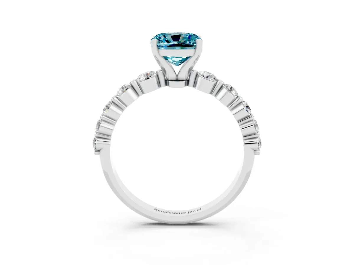Cushion Cut Solitaire Blue Topaz Ring with Pave Band and Four-Prong Setting Silver