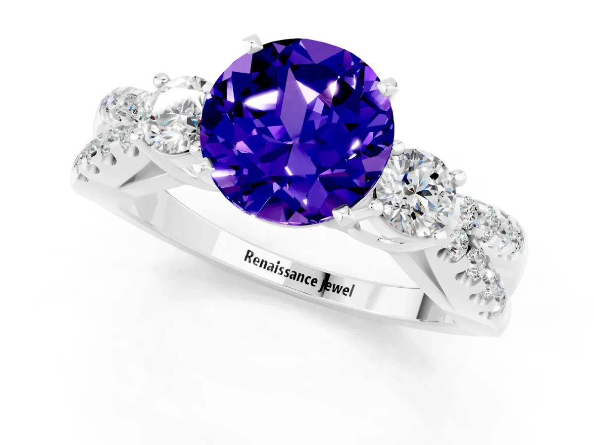 Round Cut Tanzanite Three-Stone Ring with Pavé Split Shank and Four-Prong Setting Silver