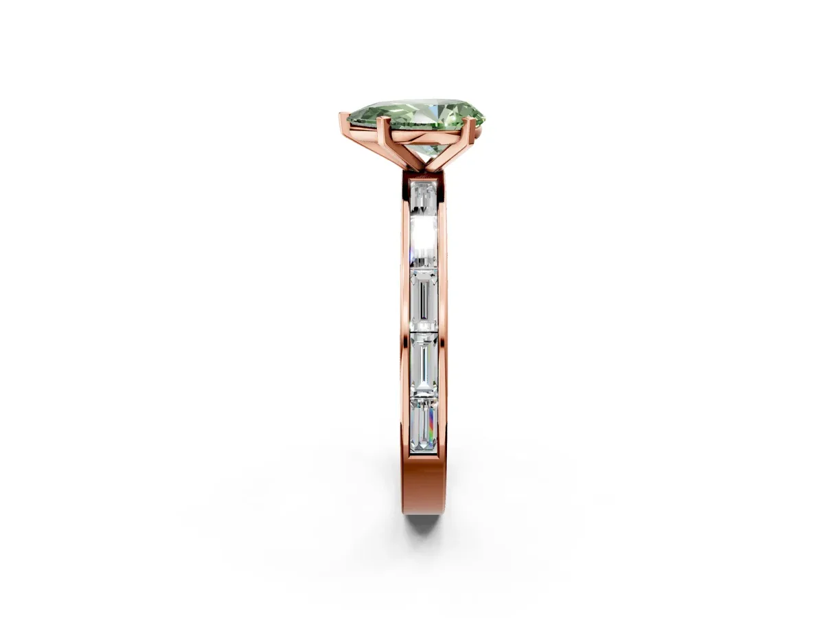 Fancy Green Pear Cut Solitaire Diamond Ring with Channel-Set Baguette Band and Four-Prong Setting Rose gold