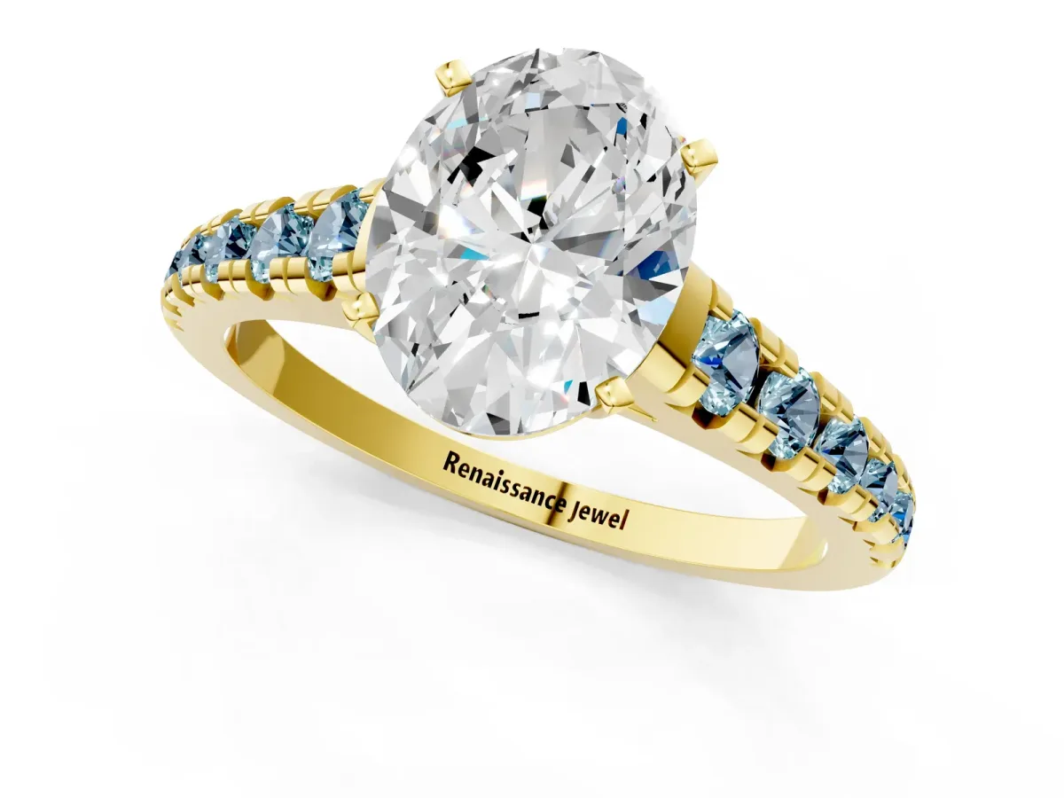 Oval Cut Diamond Cathedral Solitaire Ring with Round Aquamarine Pavé Band Yellow gold