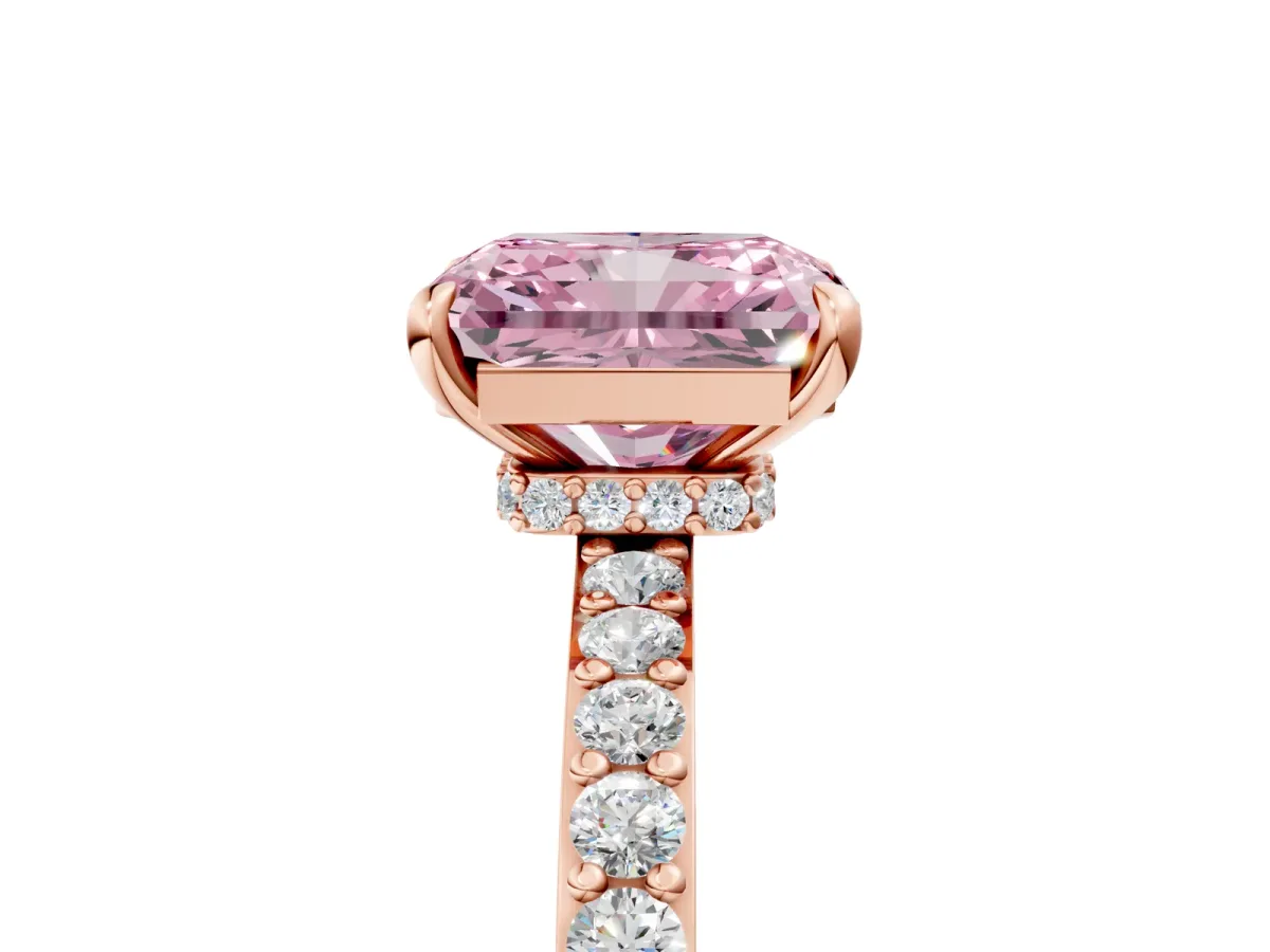Fancy Pink Radiant Cut Diamond Solitaire Engagement Ring with Pavé Band and Four-Prong Setting Rose gold