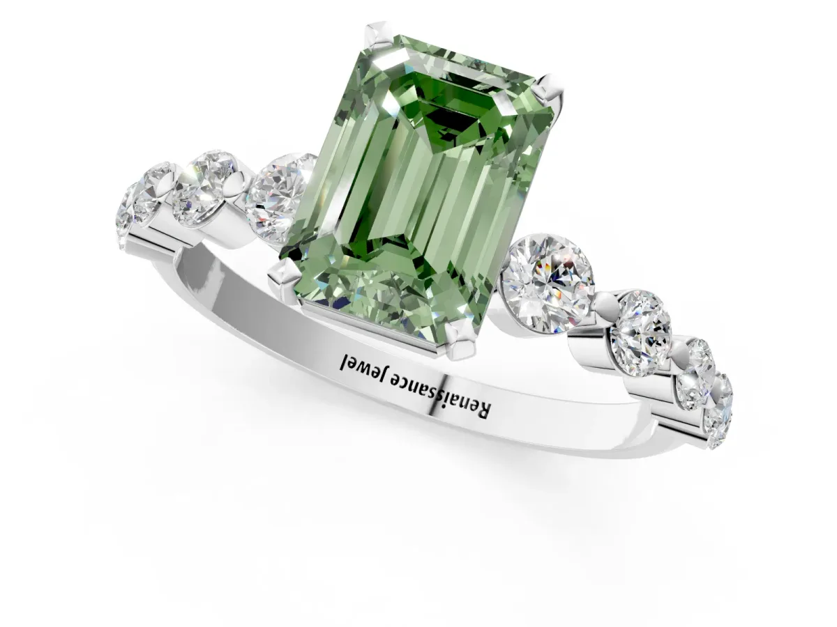 Fancy Green Emerald Cut Solitaire Diamond Ring with Pave Band and Four-Prong Setting Silver