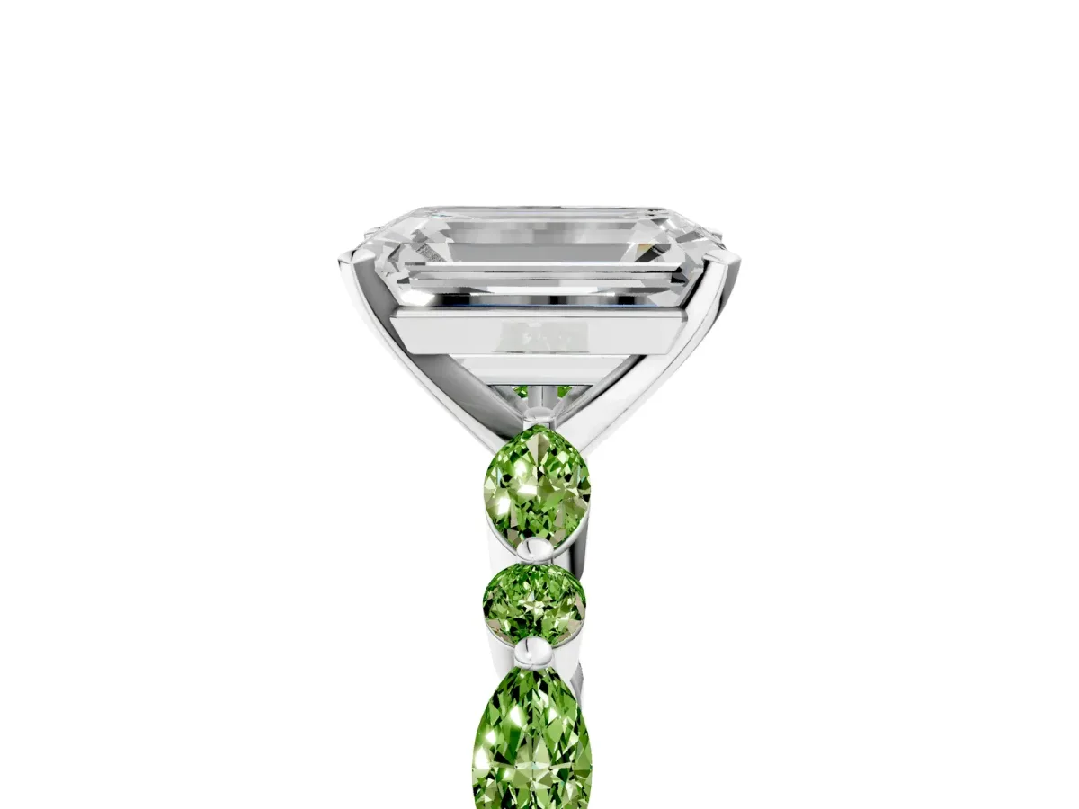 Emerald Cut Diamond Ring with Marquise and Round Peridot Side Stones and Four-Prong Setting White gold