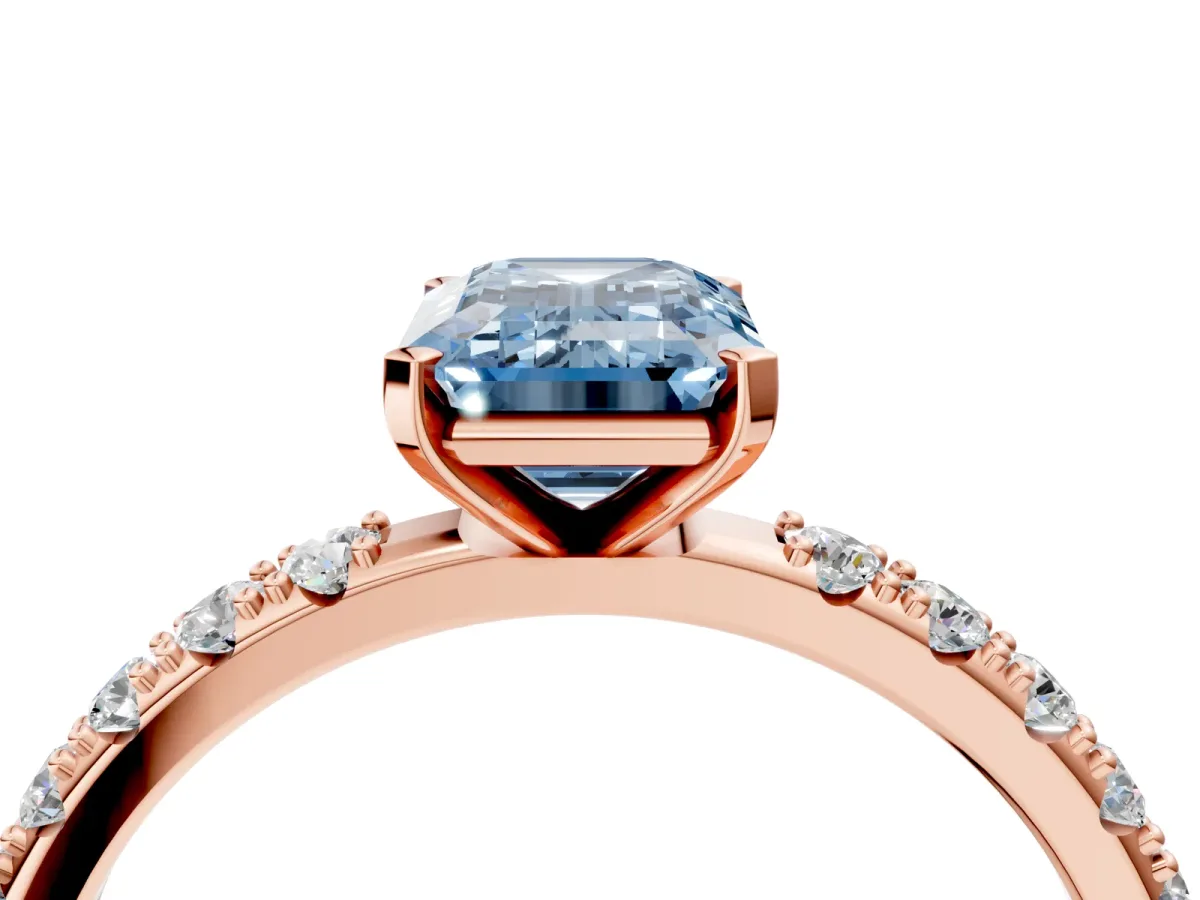 Fancy Blue Emerald Cut Diamond Solitaire Pavé Band with Four-Prong Setting Rose gold