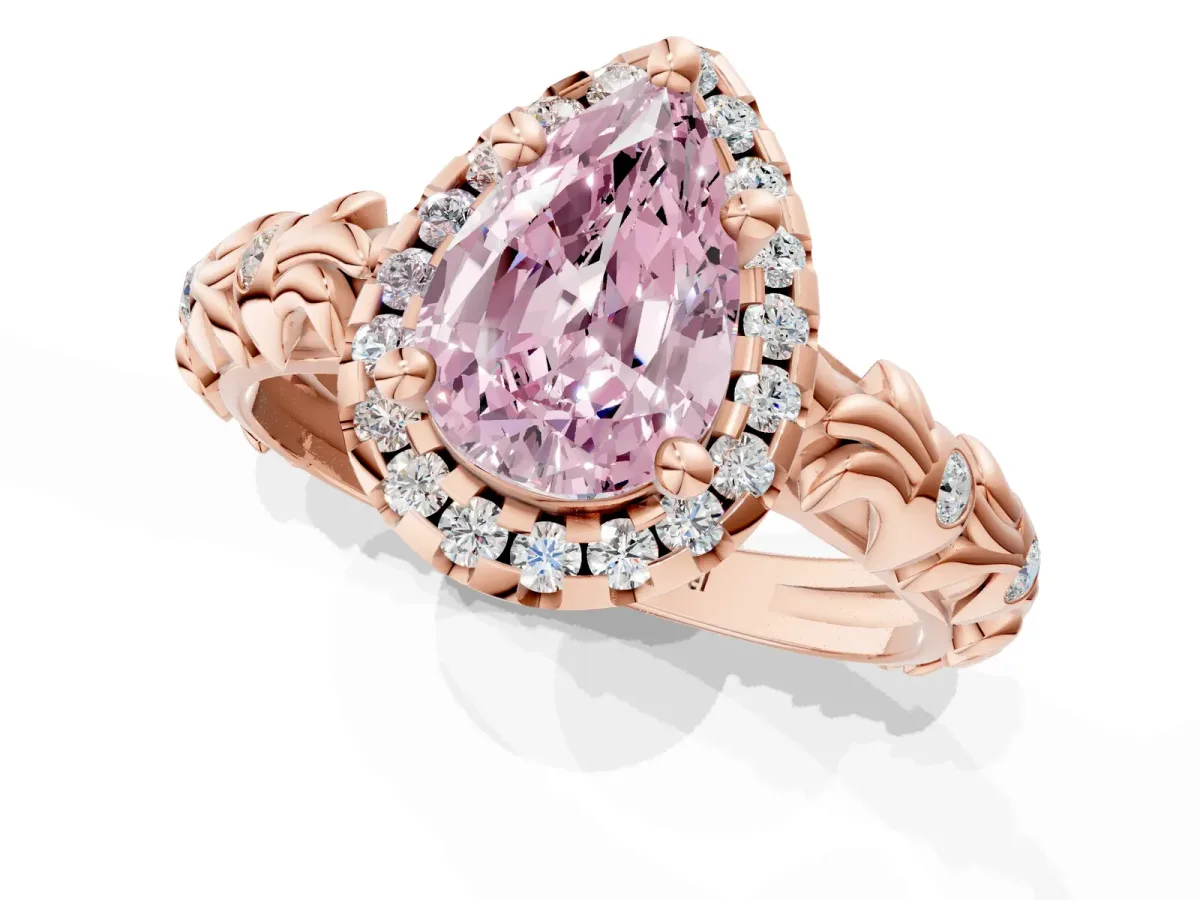 Fancy Pink Pear Cut Diamond Halo Ring with Filigree Band and Prong Setting Rose gold