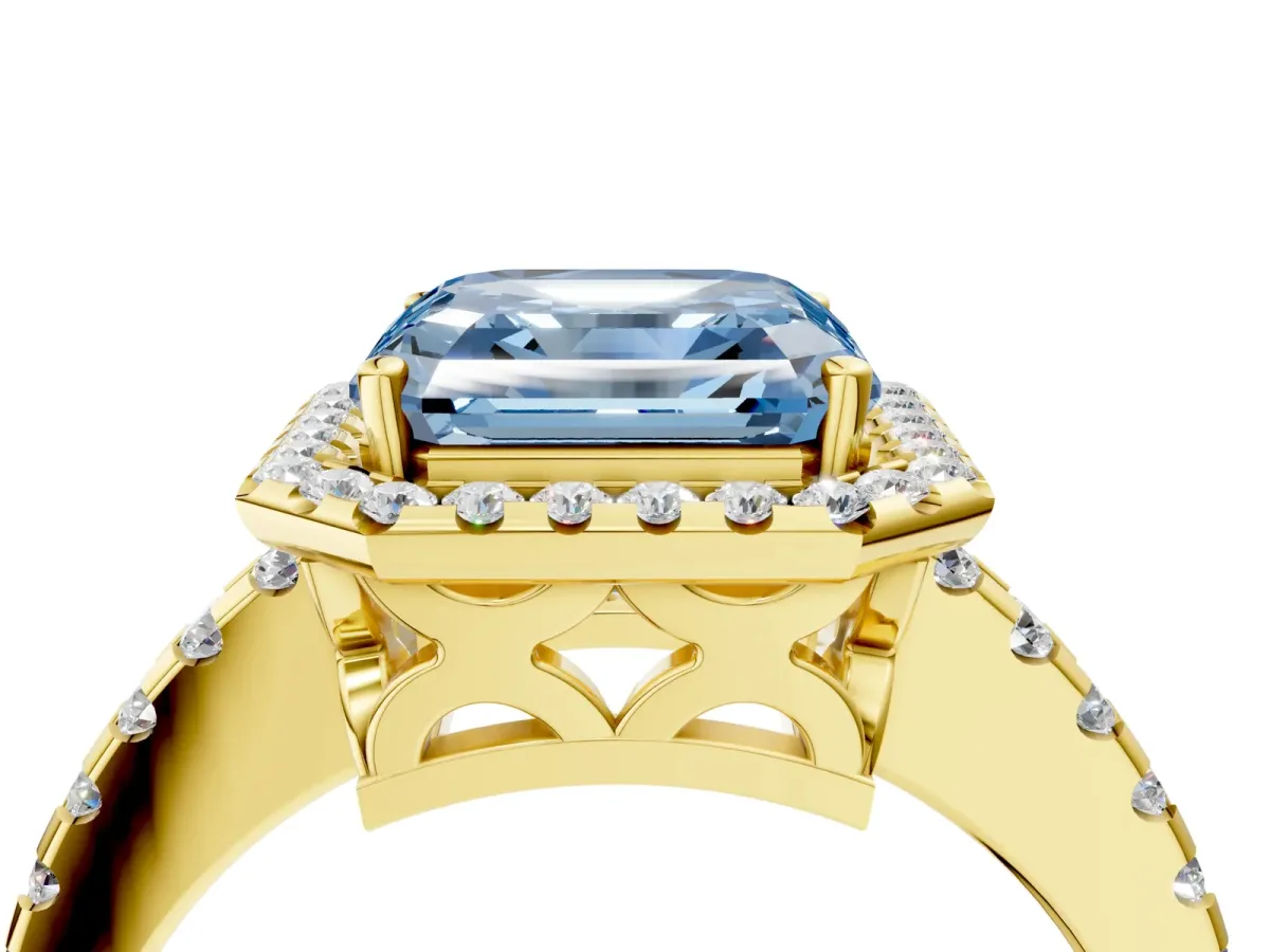 Fancy Blue Asscher Cut Diamond Halo Engagement Ring with Pavé Band and Prong Setting Yellow gold