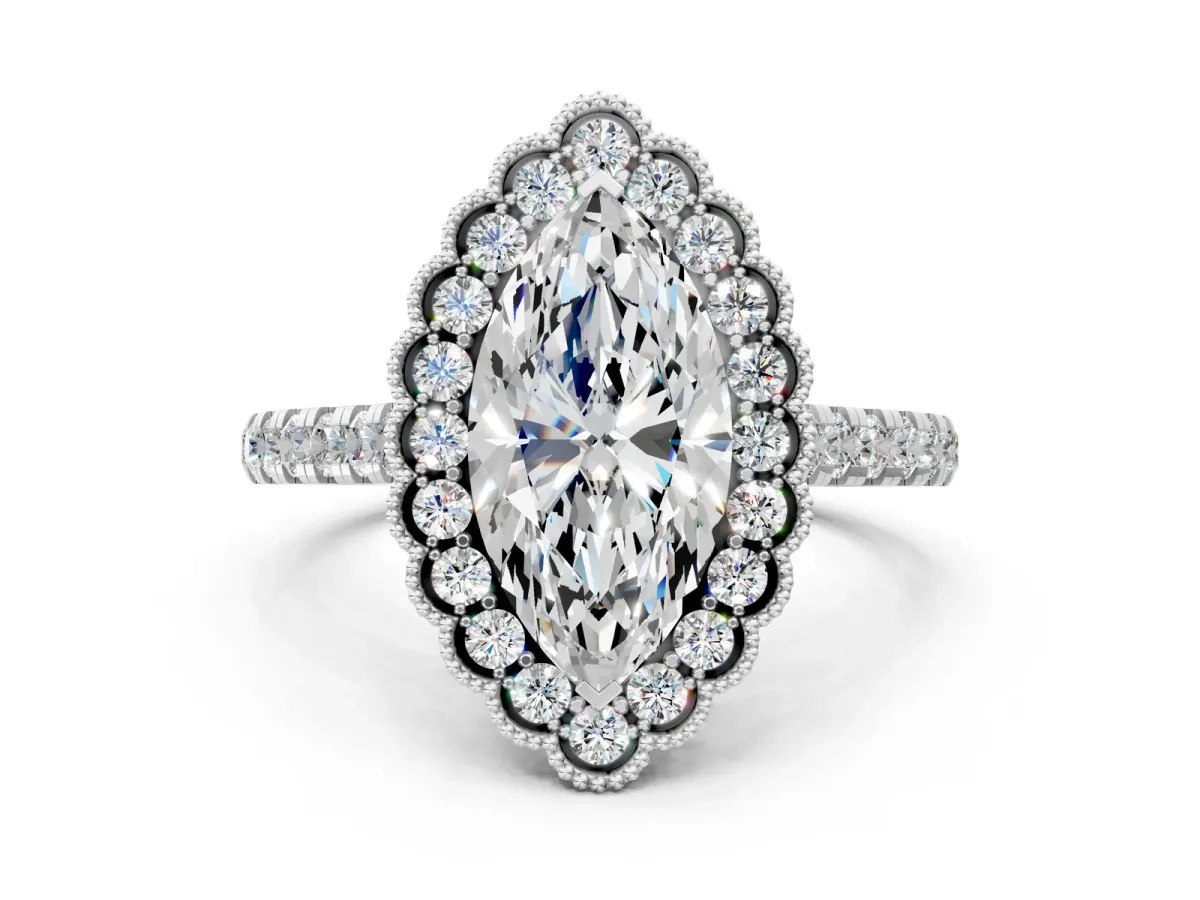 Marquise Cut Cut Diamond Milgrain Floral Halo Engagement Ring with Pavé Band Silver
