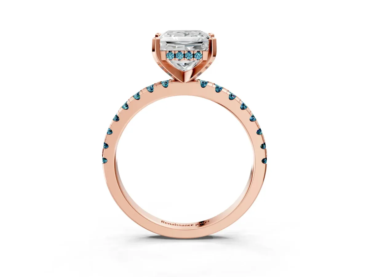 Princess Cut Diamond Solitaire Ring with Round Blue Topaz Pavé Band and Four-Prong Setting Rose gold