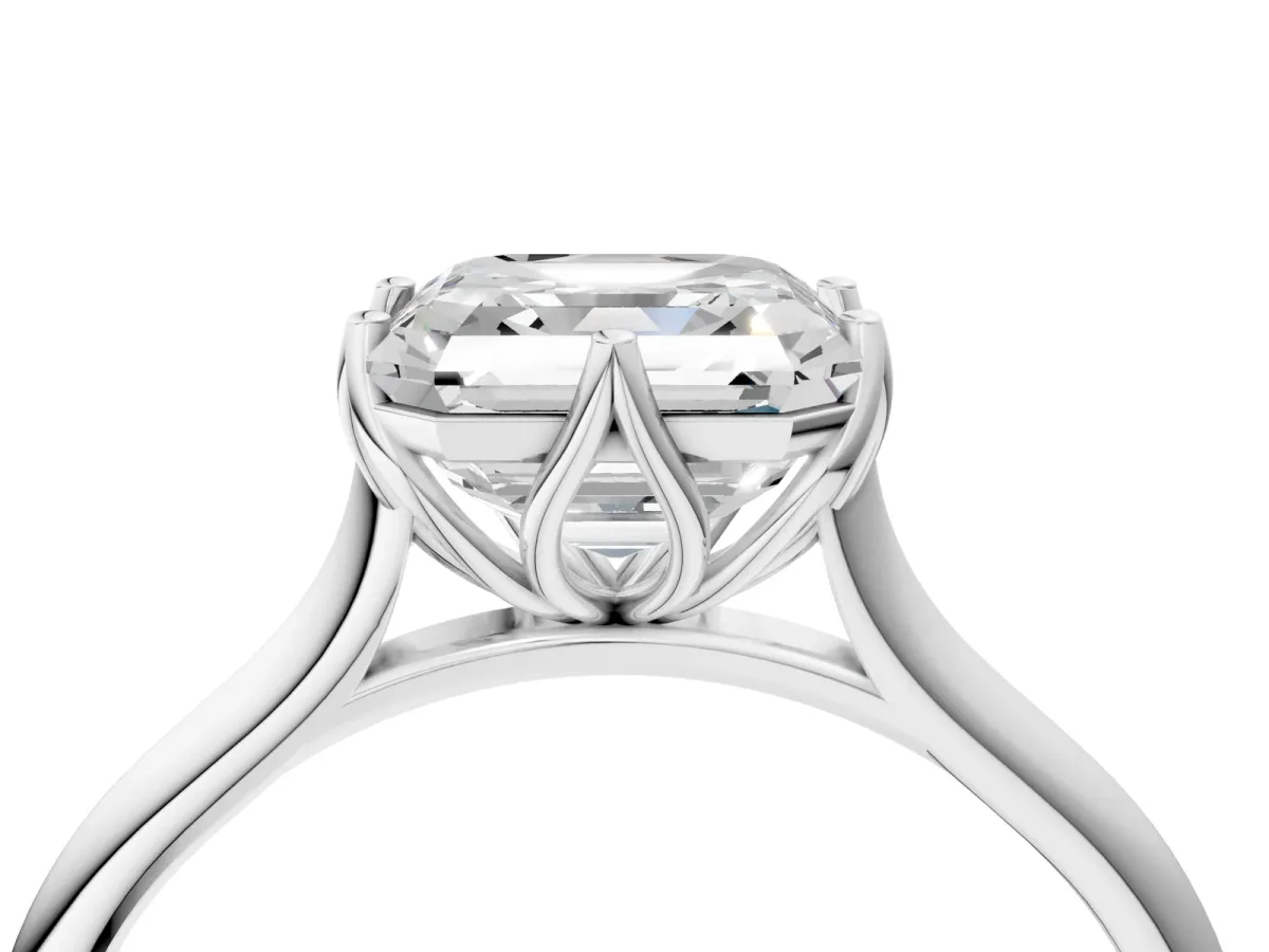 Asscher Cut Solitaire Cathedral Diamond Ring with Six-Prong Setting Platinum