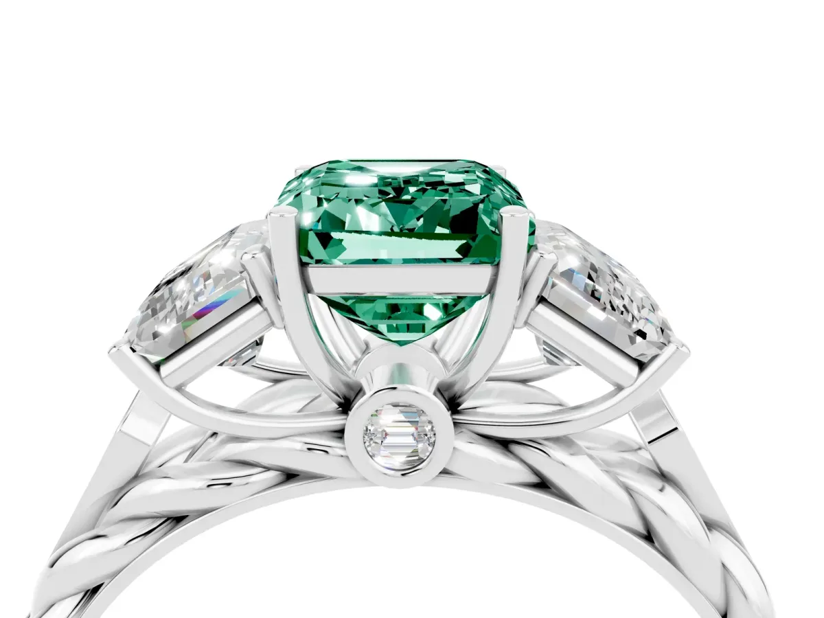 Three-Stone Emerald Cut Green Sapphire Braided Band Ring with Four-Prong Setting Platinum