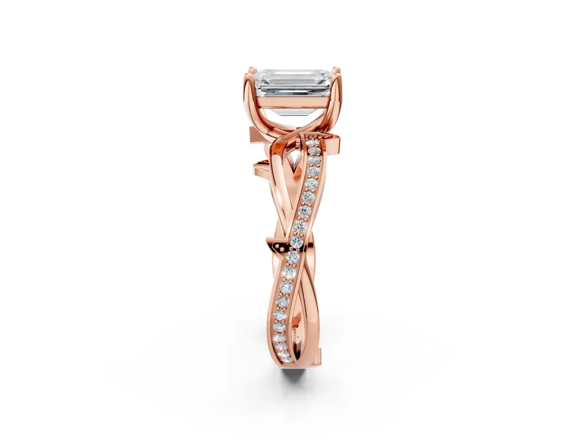 Emerald Cut Solitaire Twist Band with Pavé Accents and Four-Prong Setting Rose gold