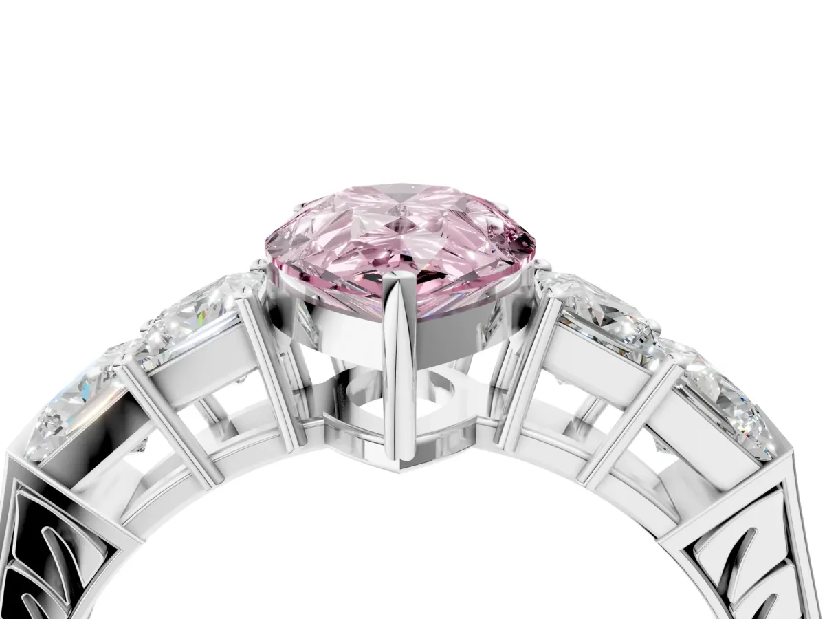 Fancy Pink Pear Cut Solitaire Princess Side Stone Engraved Band Prong Setting Ring Platinum