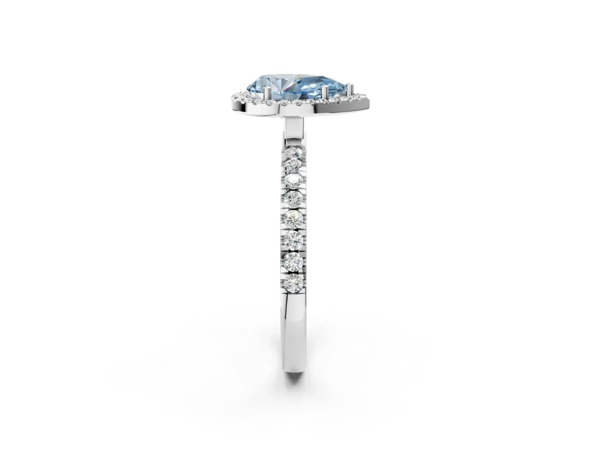 Fancy Blue Pear Cut Diamond Classic Halo Engagement Ring with Round Pavé Band and Prong Setting White gold