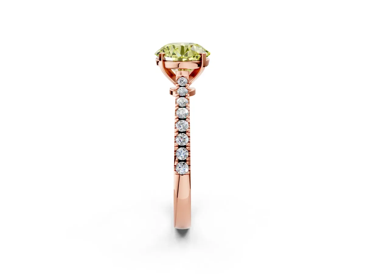Fancy Yellow Round Cut Cut Solitaire Diamond Engagement Ring with Pave Band and Four-Prong Setting Rose gold