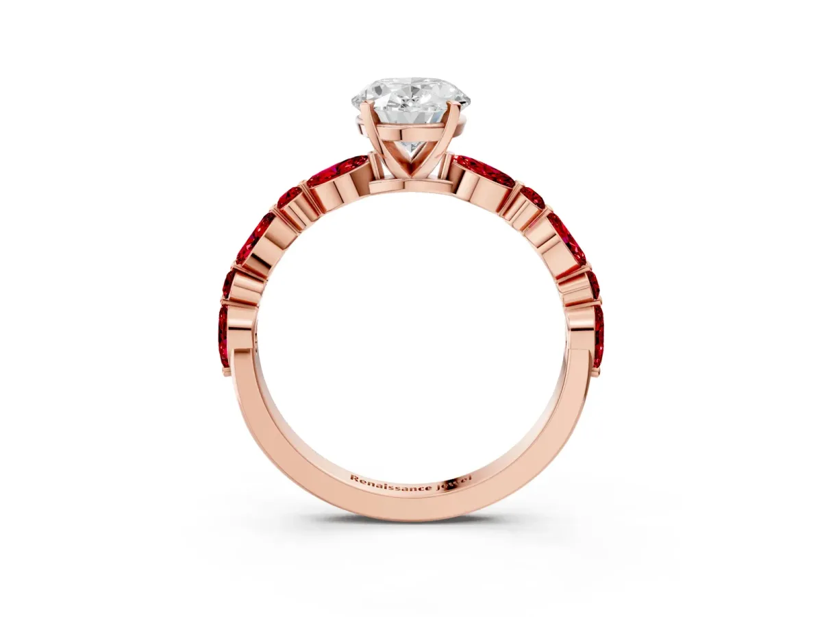 Oval Cut Diamond Ring with Marquise and Round Ruby Side Stones and Four-Prong Setting Rose gold