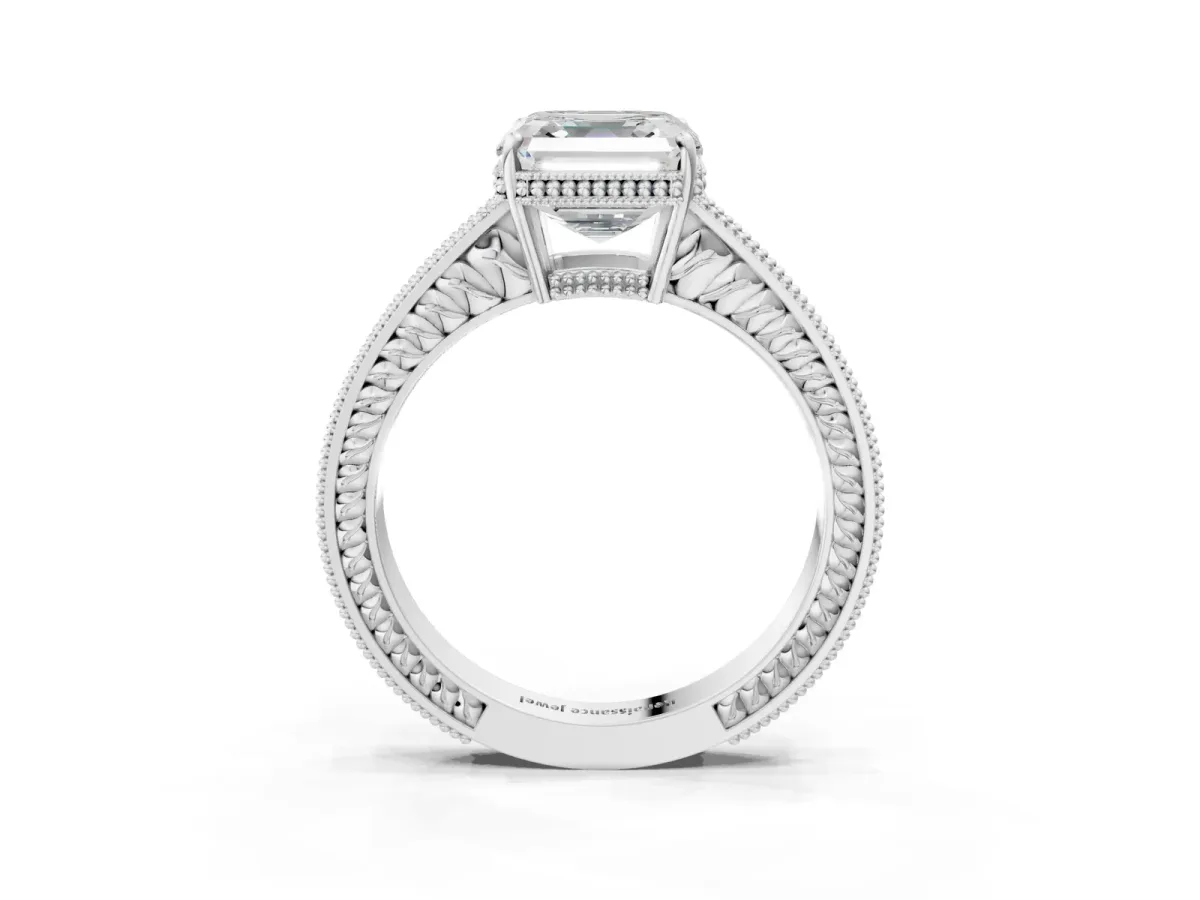 Asscher Cut Cut Diamond Milgrain Pave Band Four-Prong Setting Ring Platinum