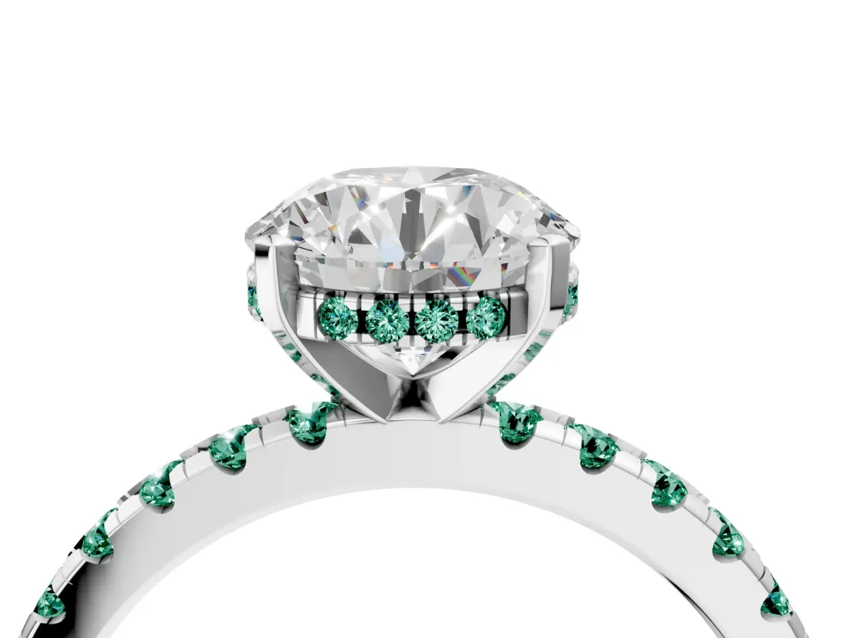 Round Cut Diamond Solitaire Ring with Round Green Sapphire Pavé Band and Four-Prong Setting White gold