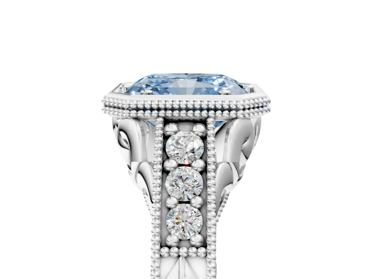 Fancy Blue Bezel Set Radiant Cut Diamond Milgrain Pave Engagement Ring Platinum