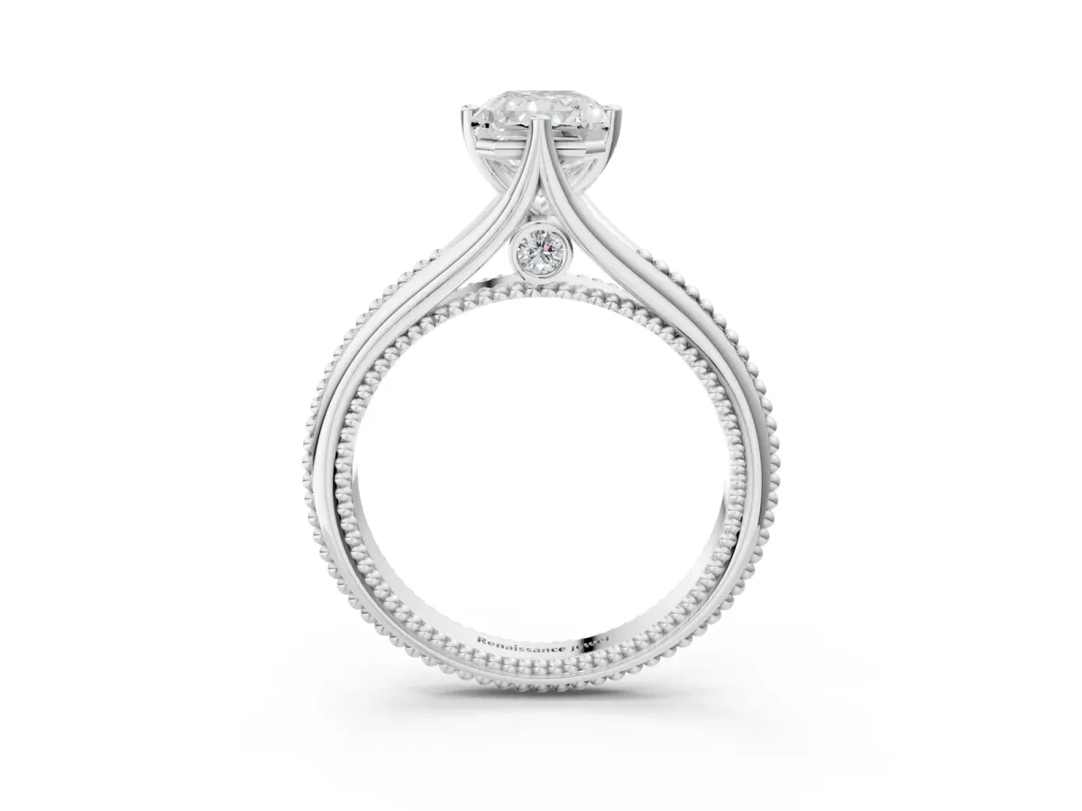 Radiant Cut Solitaire Beaded Band Six-Prong Setting Platinum