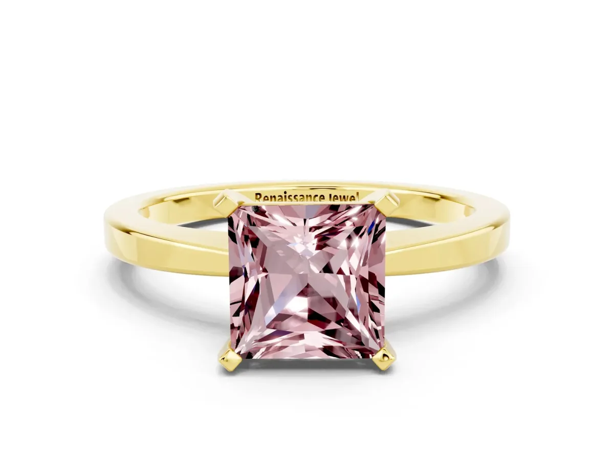 Princess Cut Morganite Solitaire Engagement Ring with Classic Band and Four-Prong Setting Yellow gold