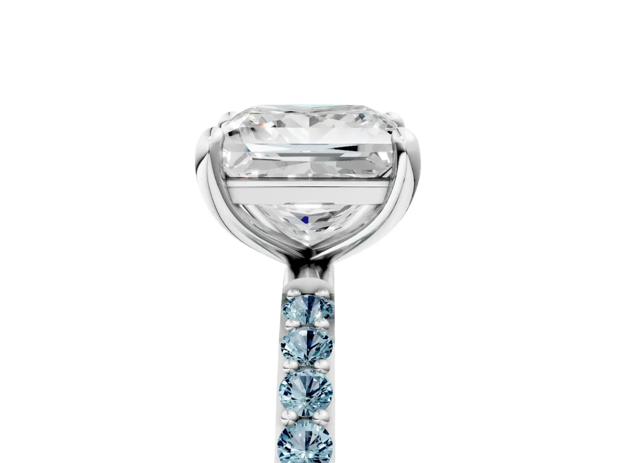 Princess Cut Diamond Solitaire Ring with Round Aquamarine Pavé Band and Prong Setting White gold