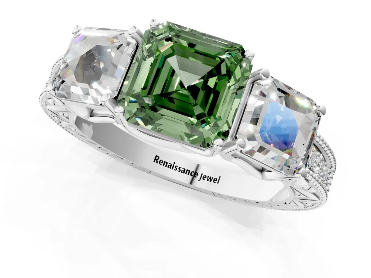 Fancy Green Three-Stone Asscher Cut Cut Milgrain Pavé Engagement Ring Platinum