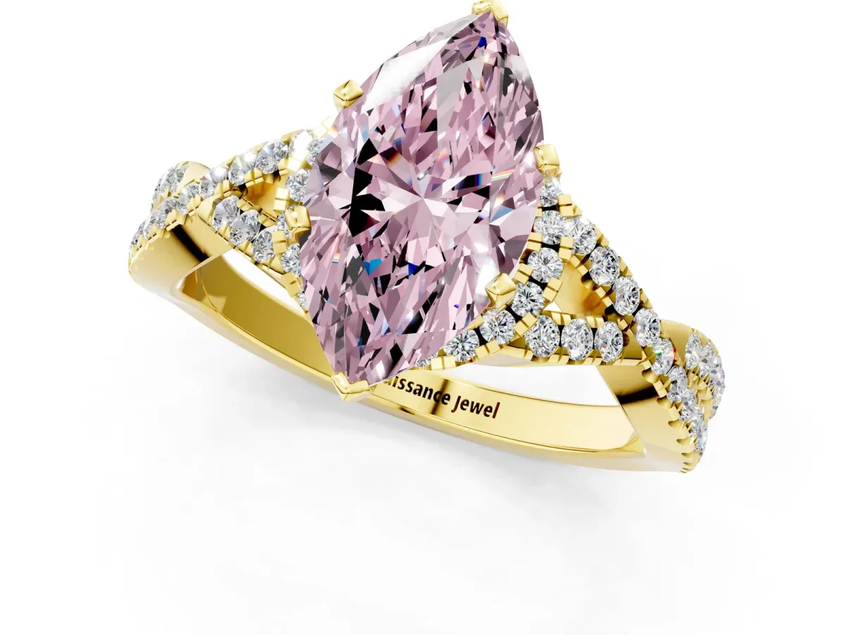 Fancy Pink Marquise Cut Diamond Halo Twist Band Solitaire Prong Setting Ring Yellow gold