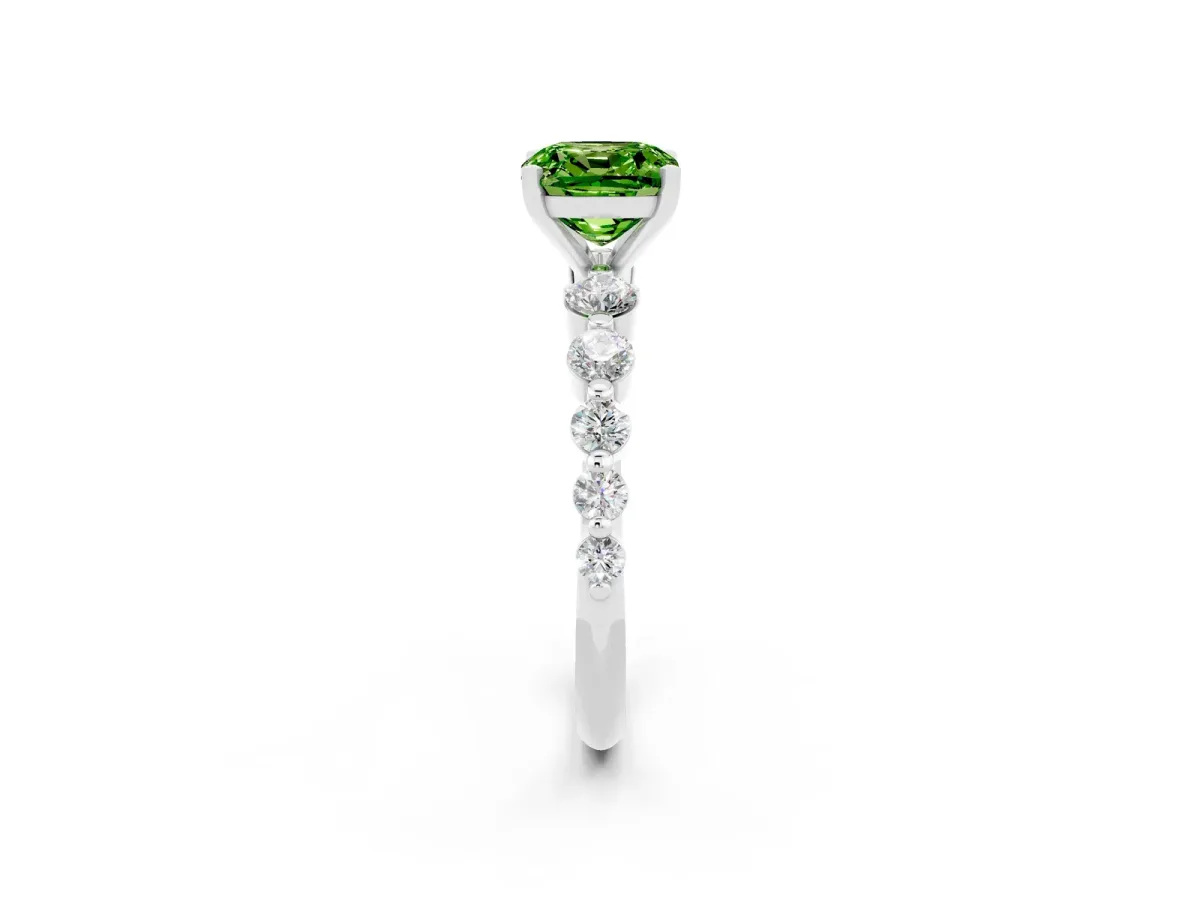 Cushion Cut Solitaire Peridot Ring with Pave Band and Four-Prong Setting Silver