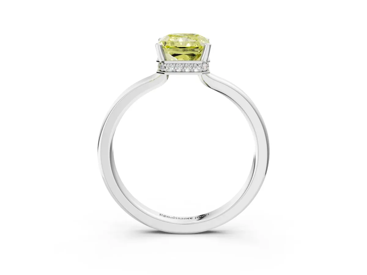 Fancy Yellow Radiant Cut Cut Solitaire Engagement Ring with Four-Prong Setting on a Classic Band Platinum