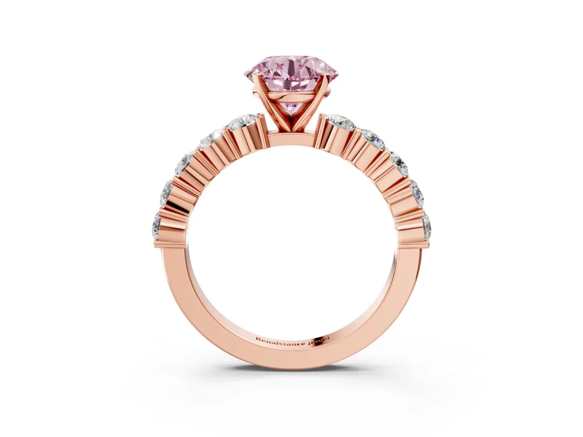 Fancy Pink Round Cut Diamond Solitaire Ring with Shared Prong Round Side Stones Rose gold