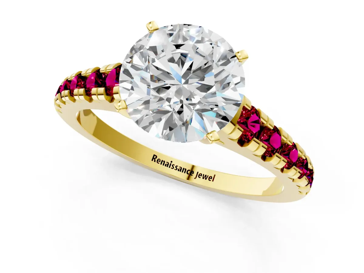 Round Cut Diamond Cathedral Solitaire Ring with Round Garnet Pavé Band Yellow gold